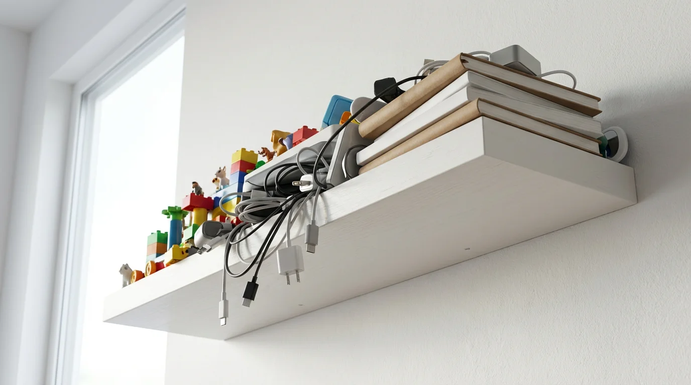 Low angle photo of a narrow white shelf severely overloaded with tangled cables and disparate objects.