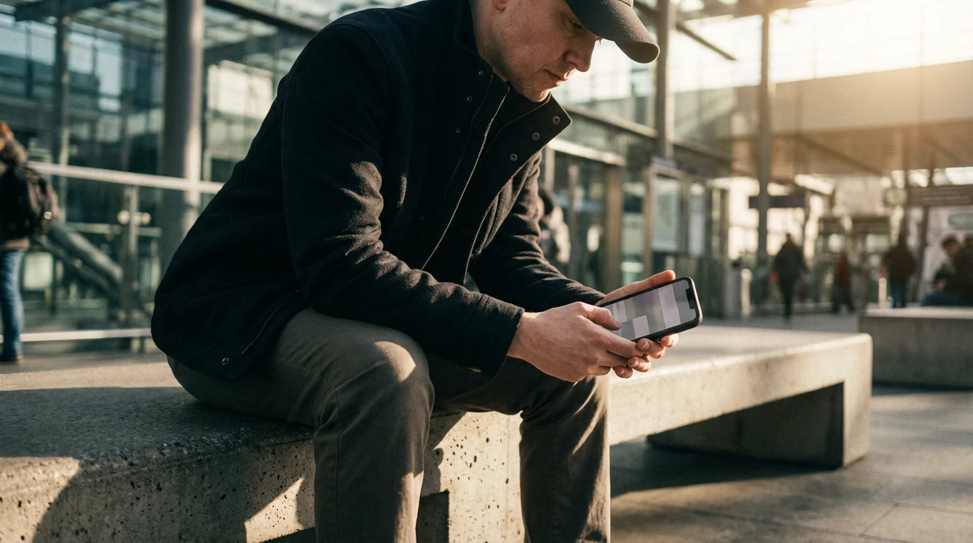Low angle photo of a person endlessly scrolling a smartphone in moody afternoon light.