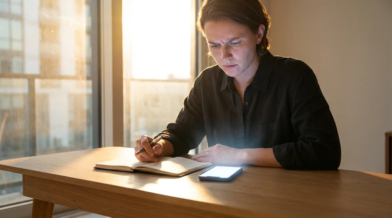 Low angle photo of a person interrupted during focused work by a harsh, glowing smartphone notification.
