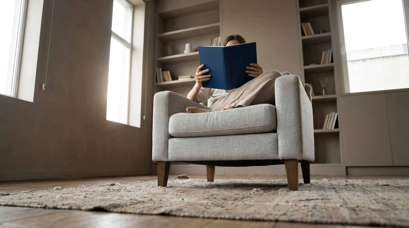 Low angle photo of a person reading a physical book in a sunlit chair.