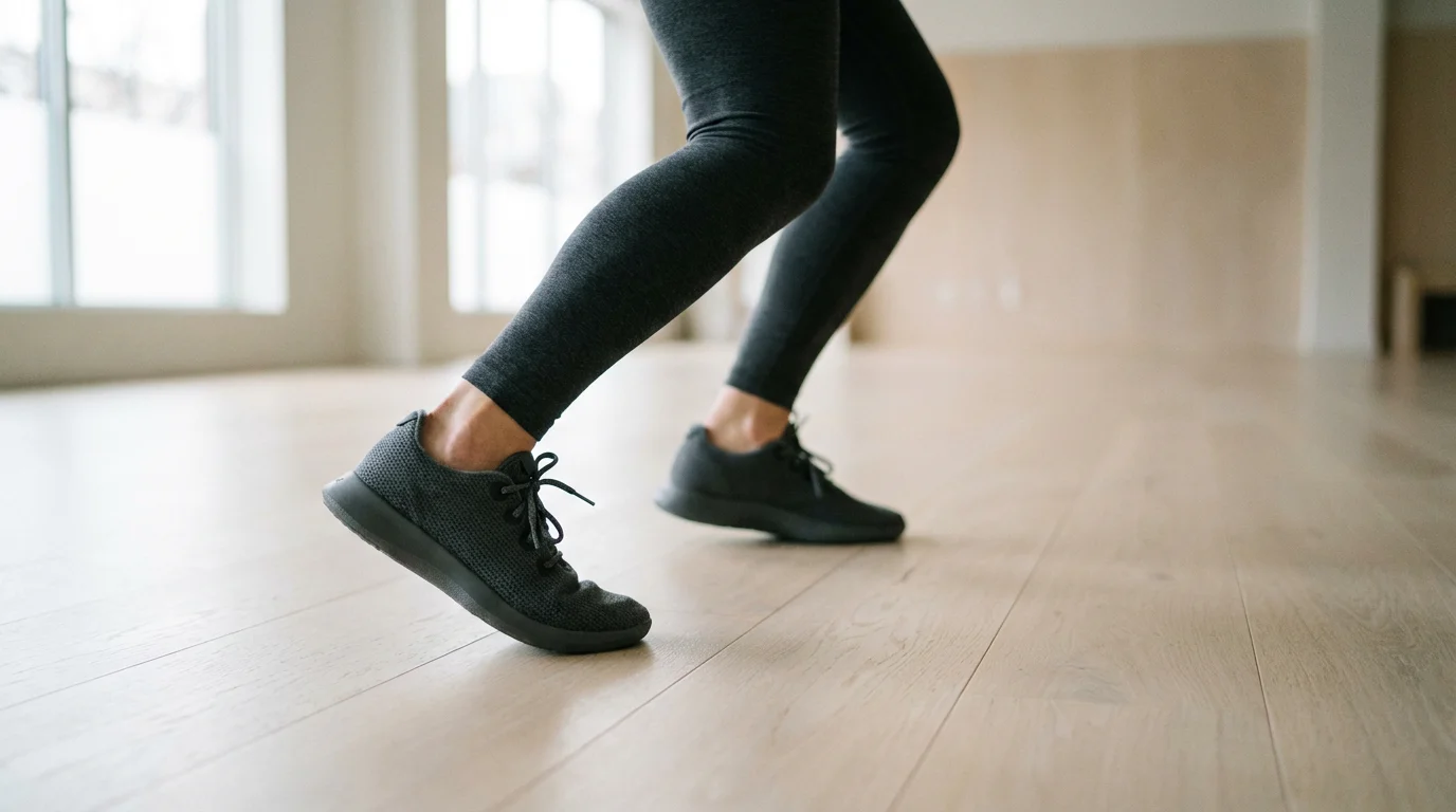 Low angle photo of a person taking a determined first step forward on a minimalist studio floor.