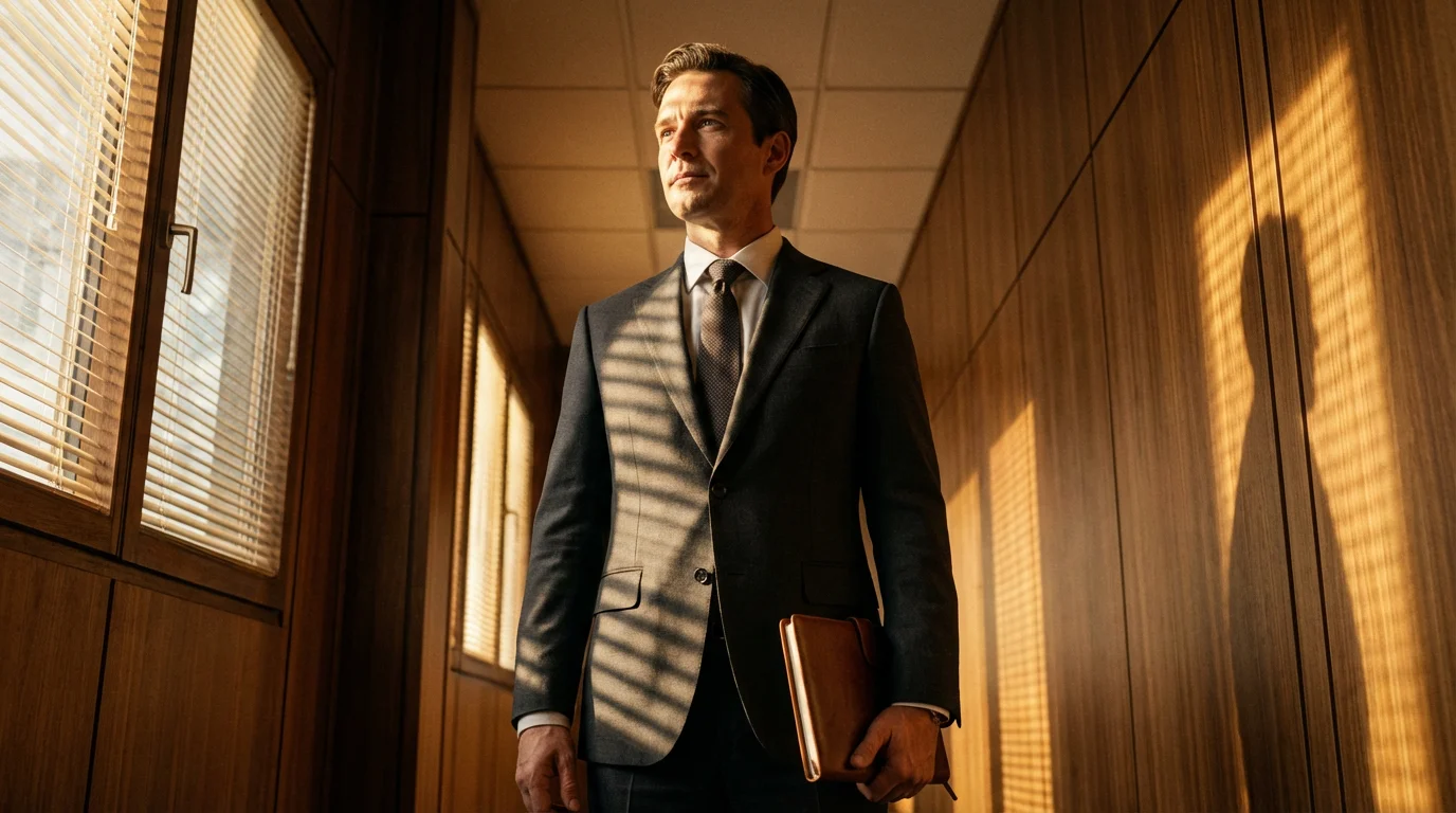 Low angle photo of a professional man standing confidently in moody afternoon lighting communicating boundaries.