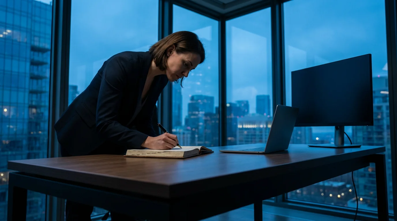 Low angle photo of a professional manager writing at a desk during blue hour, blocking email.