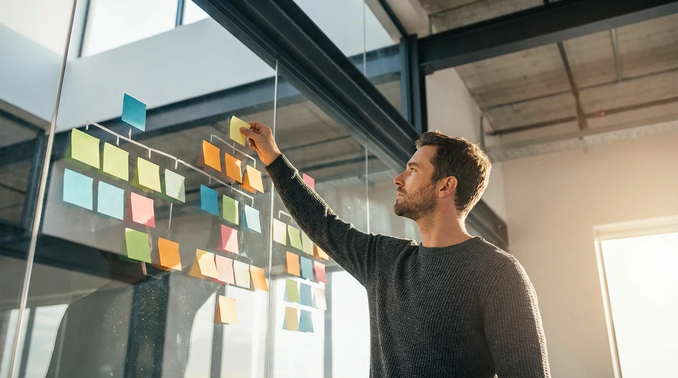 Low angle photo of a professional organizing blank sticky notes on a glass office wall.