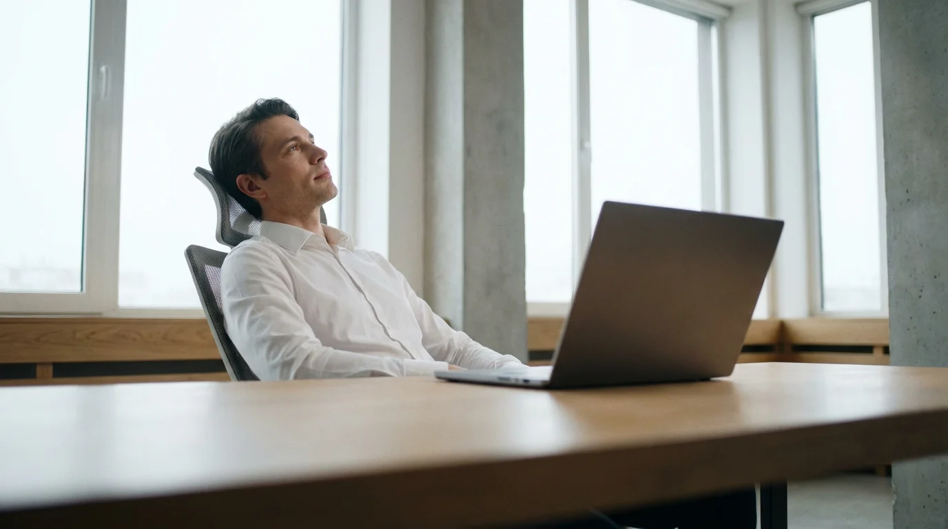 Low angle photo of a professional pausing at a desk for a moment of reflection.