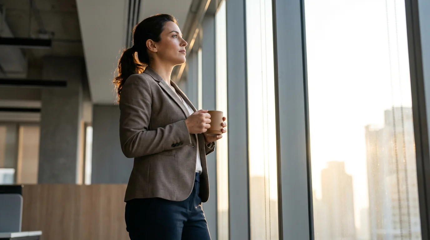 Low angle photo of a professional woman looking out an office window during sunrise.