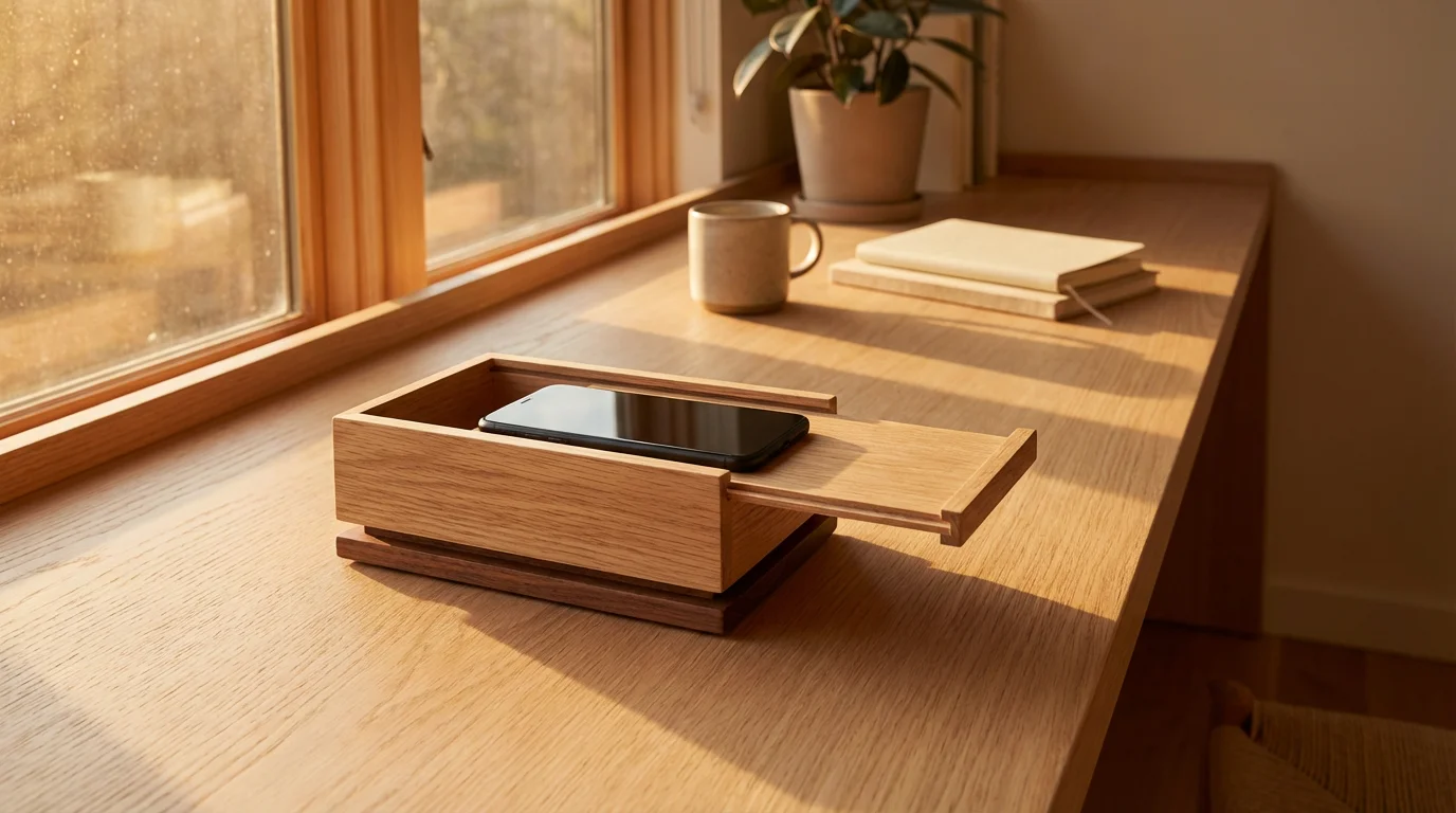 Low angle photo of a smartphone intentionally stored in a wooden box on a clean desk during golden hour.