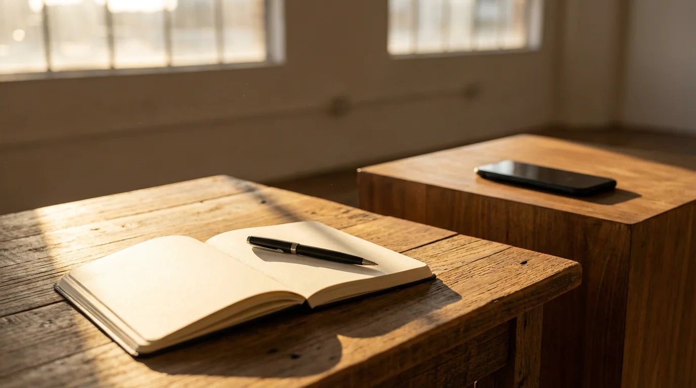 Low angle photo of a smartphone separated from a minimalist desk during golden hour.