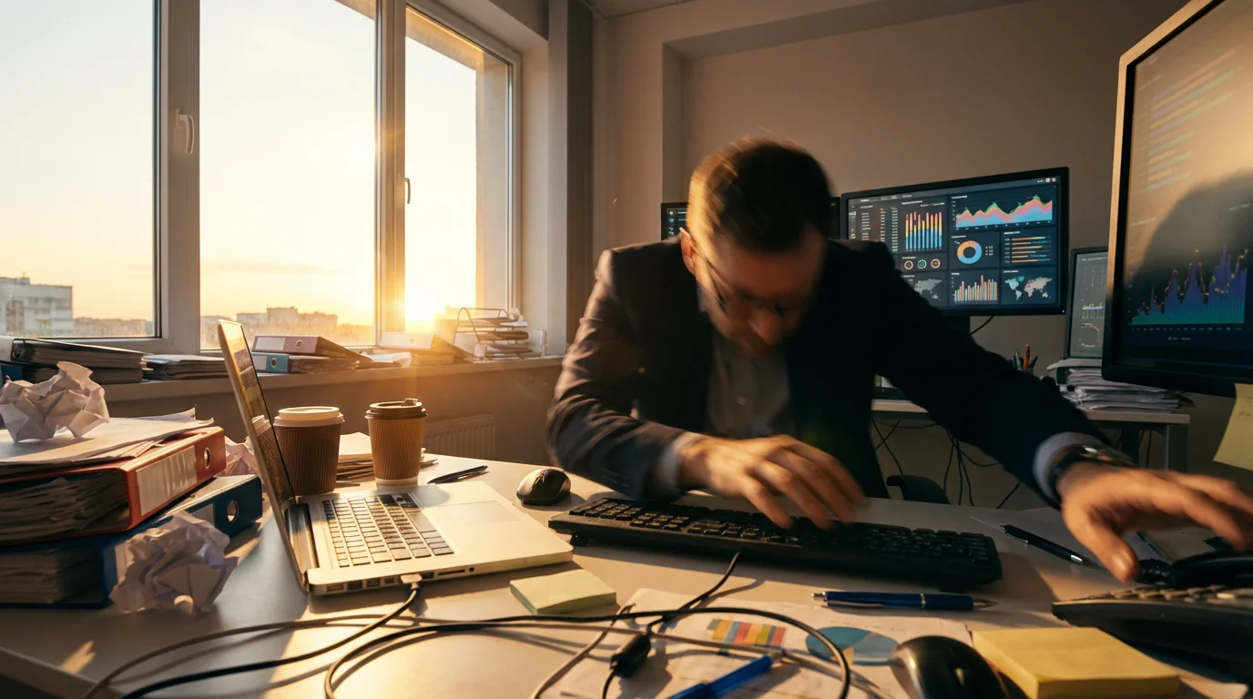 Low angle photo of a stressed professional multitasking frantically at a cluttered desk during golden hour.