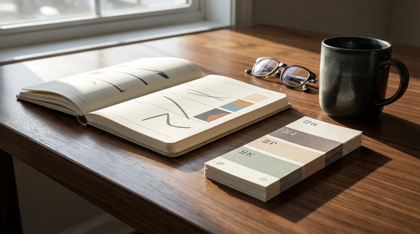 Low angle photo of a weekly planning arrangement with planner, index cards, and strong natural window light.