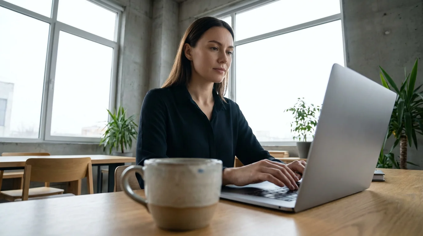 Low angle photo of a woman working calmly on a laptop in a bright office.