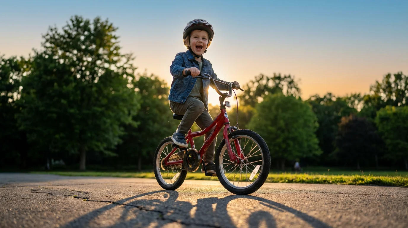 Low angle photo of a young child riding a bicycle during golden hour, symbolizing joyful rediscovery of memories.