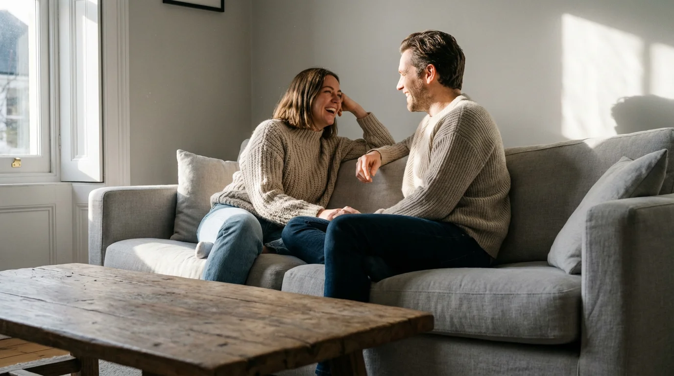 Low angle photo of couple talking on sofa with natural window light and no phones