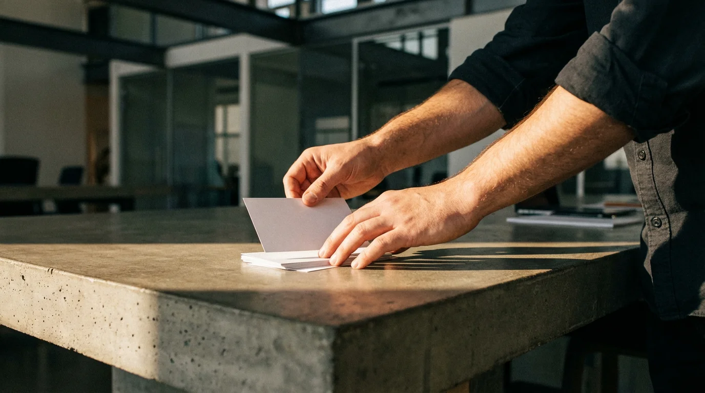 Low angle photo of focused hands selecting a single index card on a desk casting dramatic shadows.