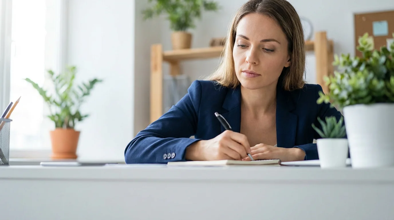 Low angle photo of focused professional woman working at desk in soft morning light