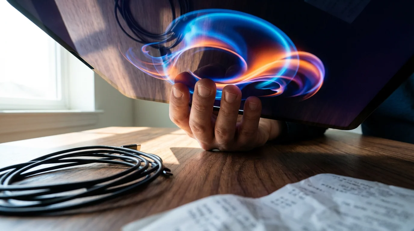 Low angle photo of hand gripping a tablet displaying a brightly colored, hypnotic digital loop.