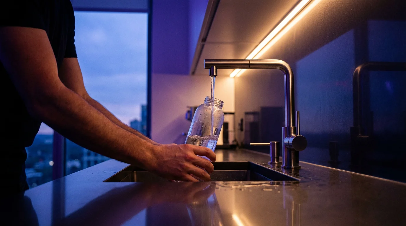 Low angle photo of hands filling a glass water bottle in a blue hour kitchen, symbolizing evening prep.