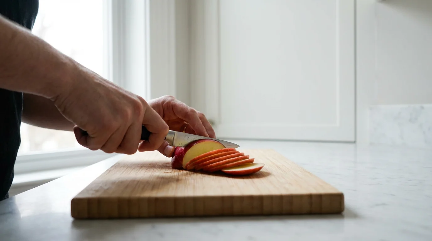 Low angle photo of hands mindfully slicing a red apple in a sunlit kitchen.