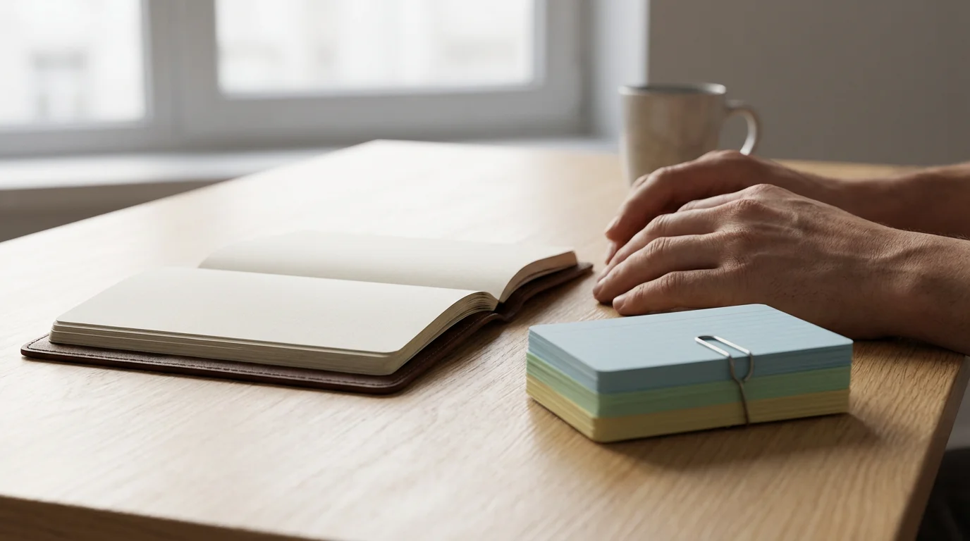 Low angle photo of hands resting near an open journal and task cards on a light wooden desk, symbolizing weekly review.