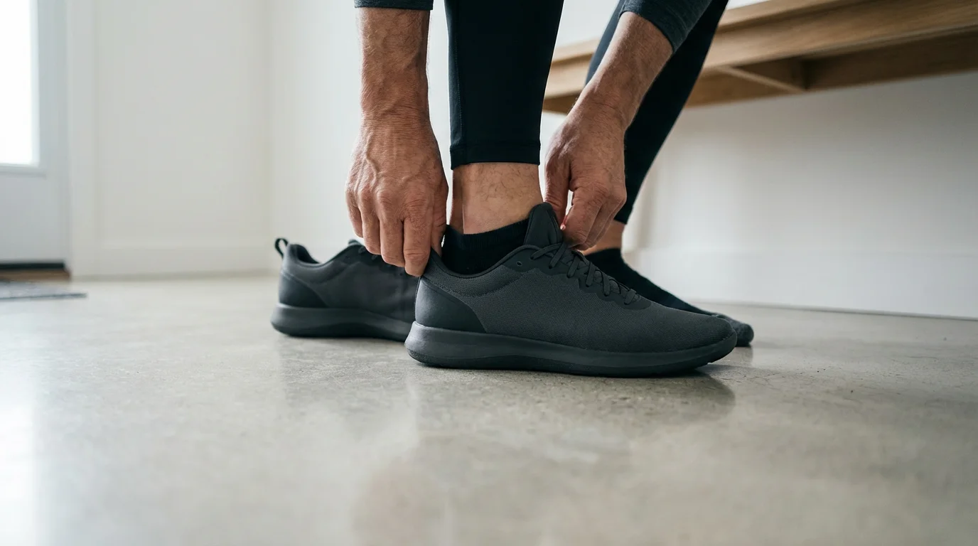 Low angle photo of hands starting to put on clean running shoes on a concrete floor.