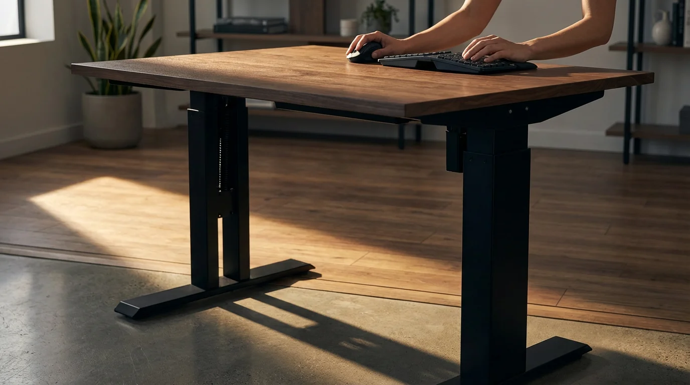 Low angle photo of hands using an ergonomic keyboard at a dark wood standing desk.
