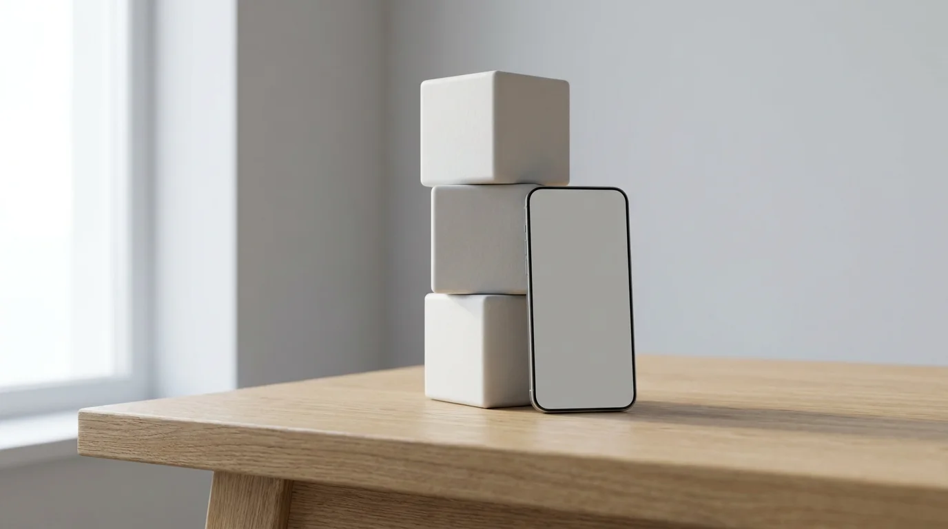 Low angle photo of minimalist white blocks stacked next to a phone on a light desk, symbolizing momentum.