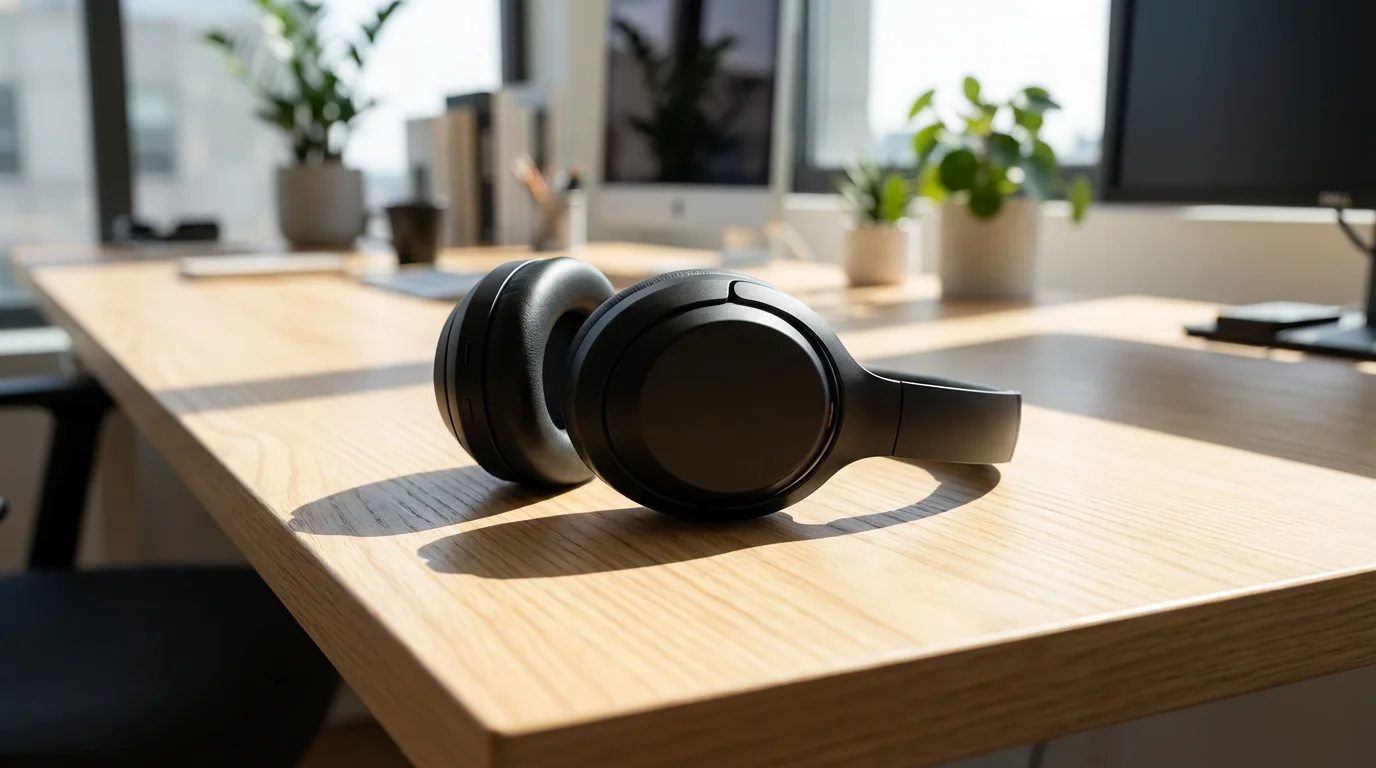 Low angle photo of noise-canceling headphones on a wooden desk symbolizing focused work and flow.