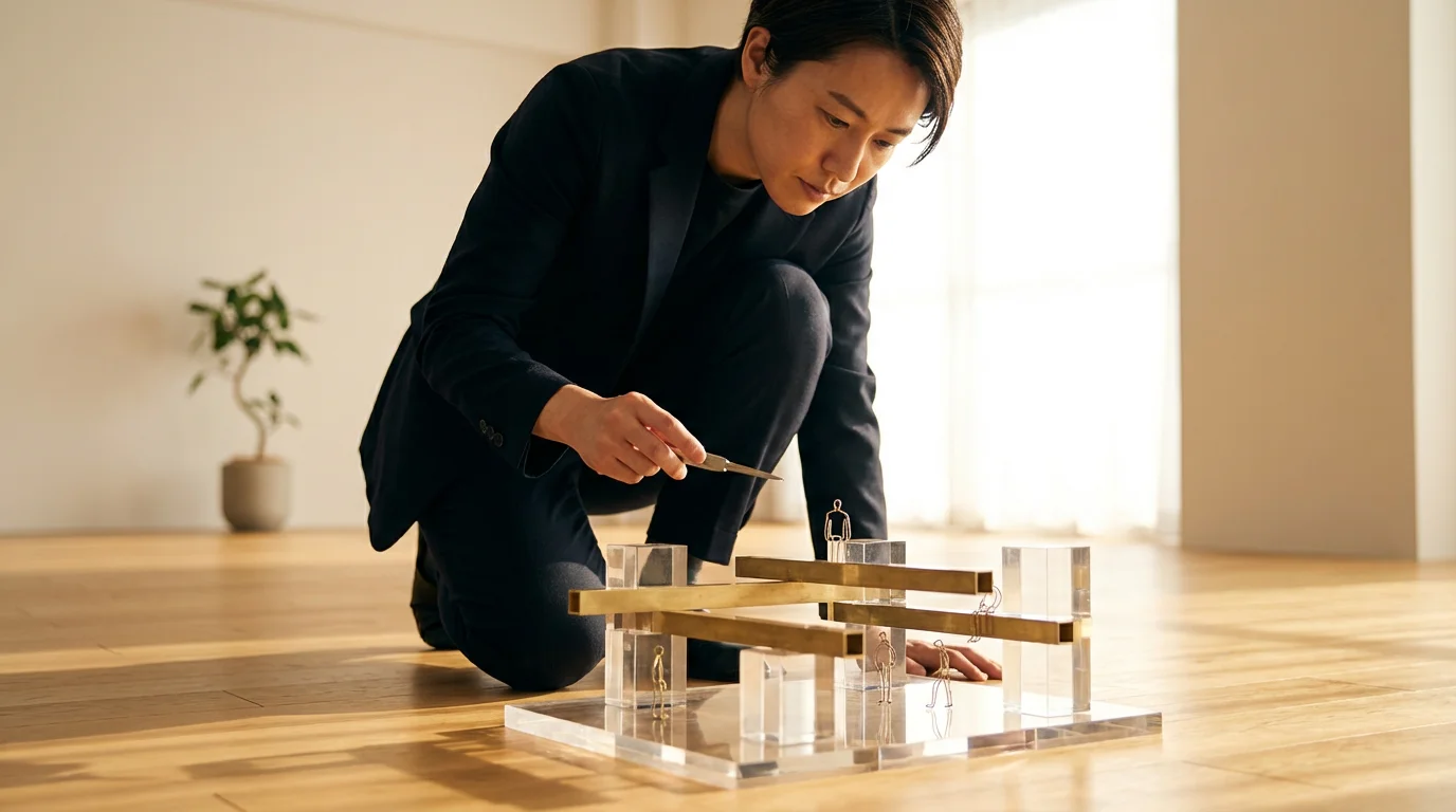 Low angle photo of person inspecting a detailed, clear architectural model in soft morning light.
