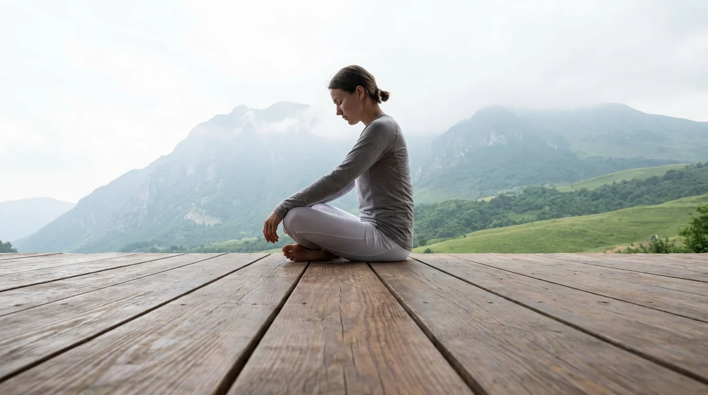 Low angle photo of person meditating on a modern wooden deck overlooking misty mountains, symbolizing focused visualization.