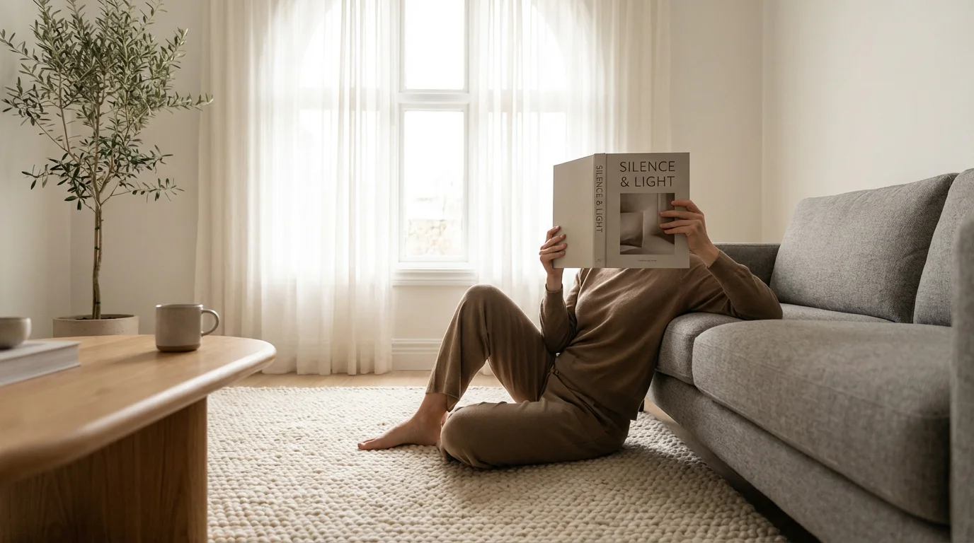Low angle photo of person reading book on floor rug in bright natural light.
