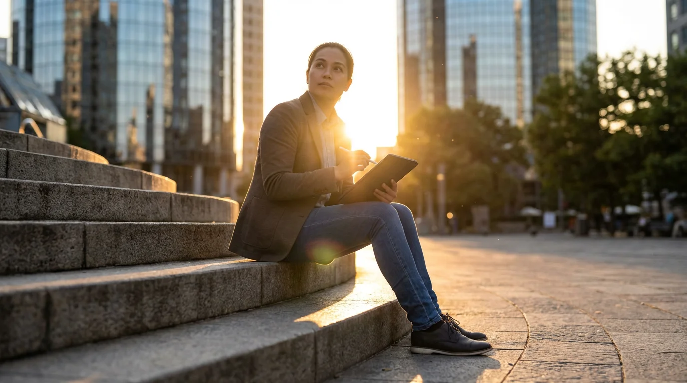 Low angle photo of person with tablet on city steps during golden hour.