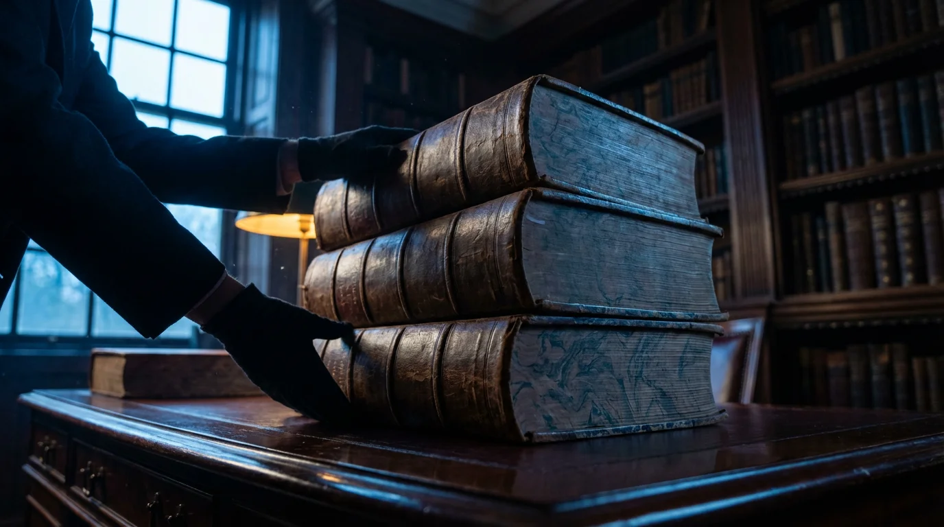 Low angle photo of professional hands handling antique reference books in cool blue hour light.