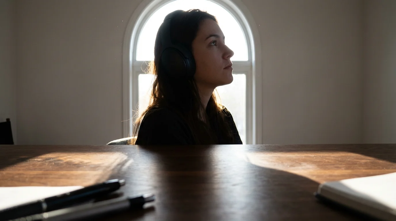 Low angle photo of professional wearing noise-canceling headphones in sunlit home office.