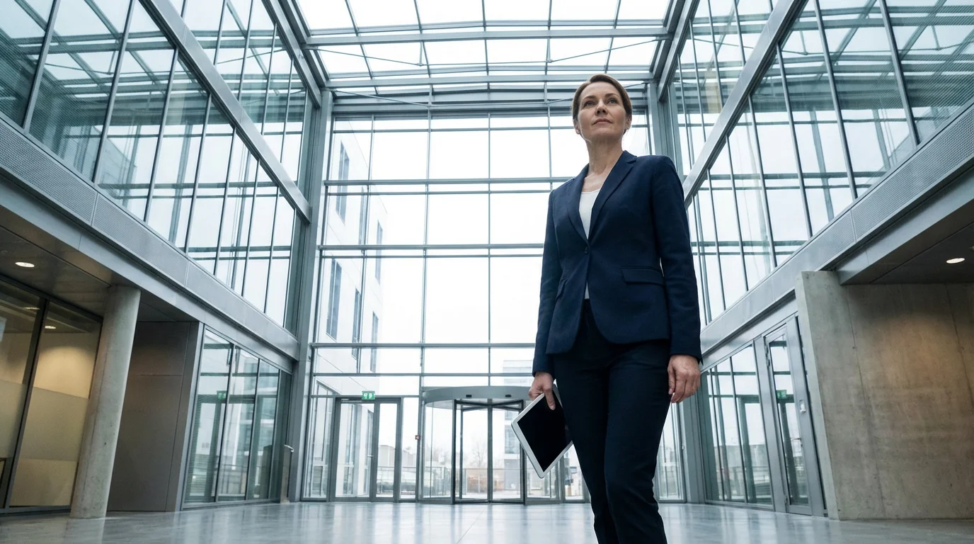 Low angle photo of professional woman in modern atrium holding tablet contemplating decision.
