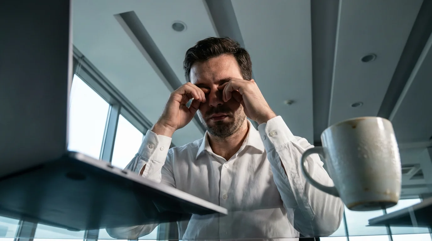 Low angle photo of tired professional man rubbing eyes at desk in natural light.