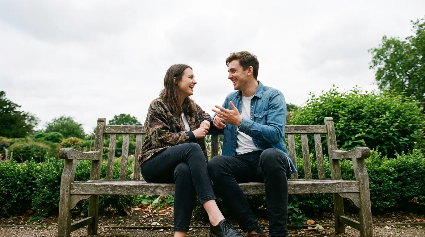 Low angle photo of two friends laughing intensely on a park bench, focused on genuine in-person connection.