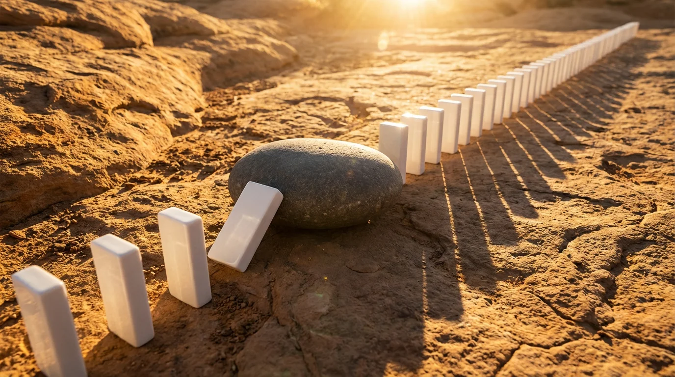 Low angle photo of white ceramic blocks disrupted by a large grey stone during golden hour.