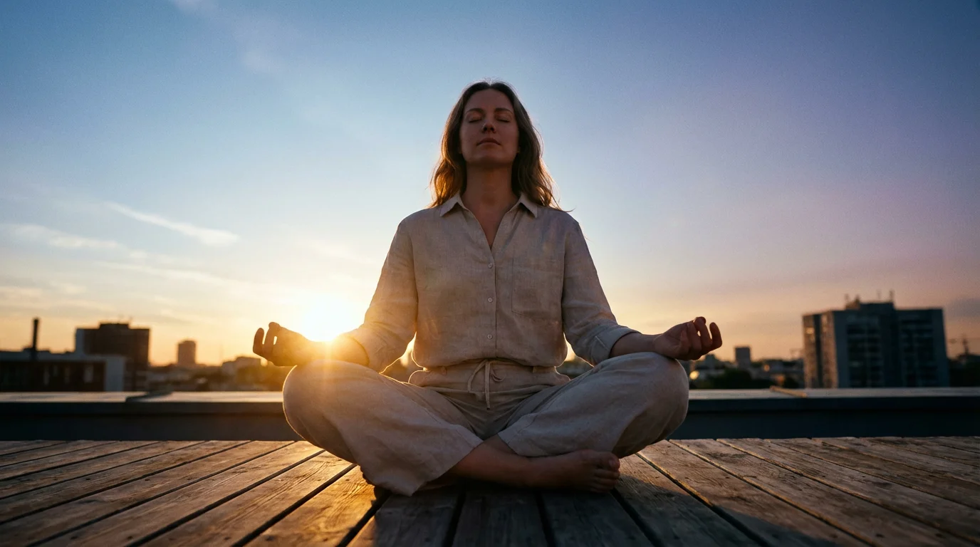 Low angle photo of woman meditating on rooftop terrace during golden hour.
