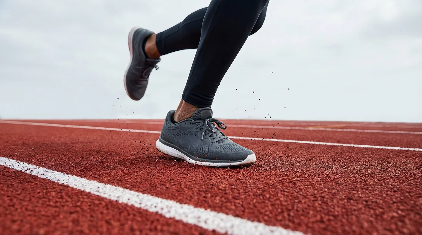 Low angle photo showing a determined stride on a running track, symbolizing immediate recovery from relapse.