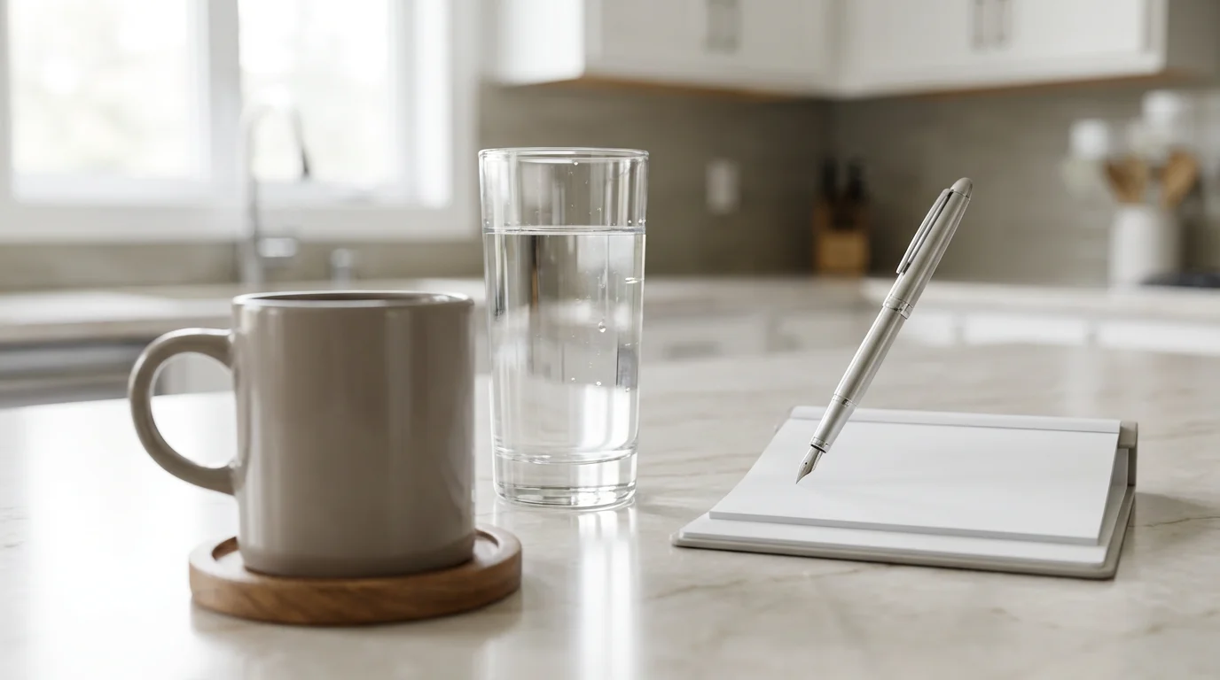 Low angle photo showing a sequence of a coffee mug, water glass, and task planner on a modern counter.