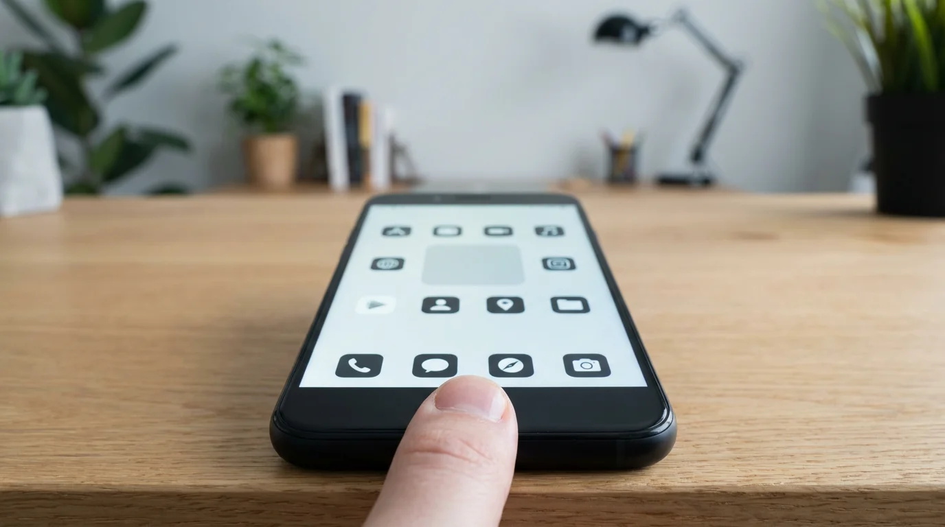 Low angle photo showing a smartphone home screen with an intentionally deleted app icon, symbolizing digital friction.