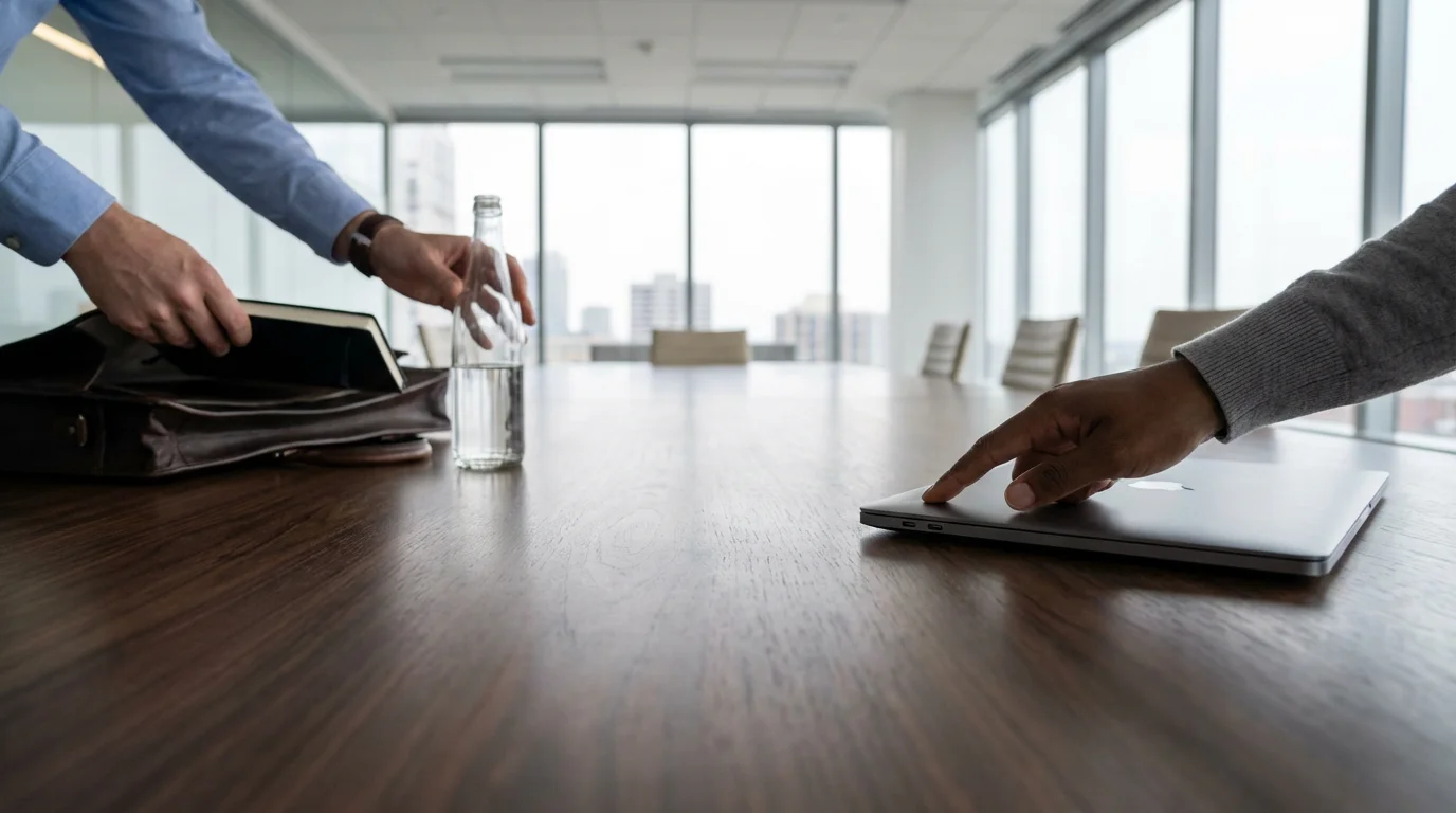 Low angle photo showing hands swiftly wrapping up a focused meeting at a dark conference table.