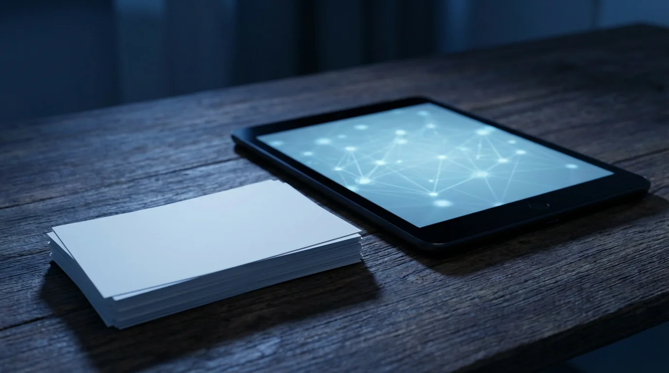 Low angle photograph contrasting a glowing tablet and stack of index cards on a dark desk.
