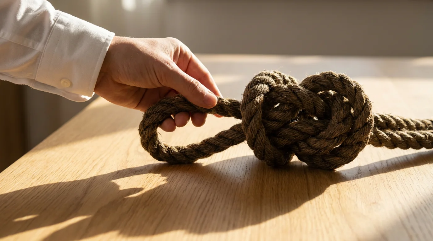 Low angle photograph of a hand gently untangling a complex, tight knot of rope on a shadowed wooden desk.