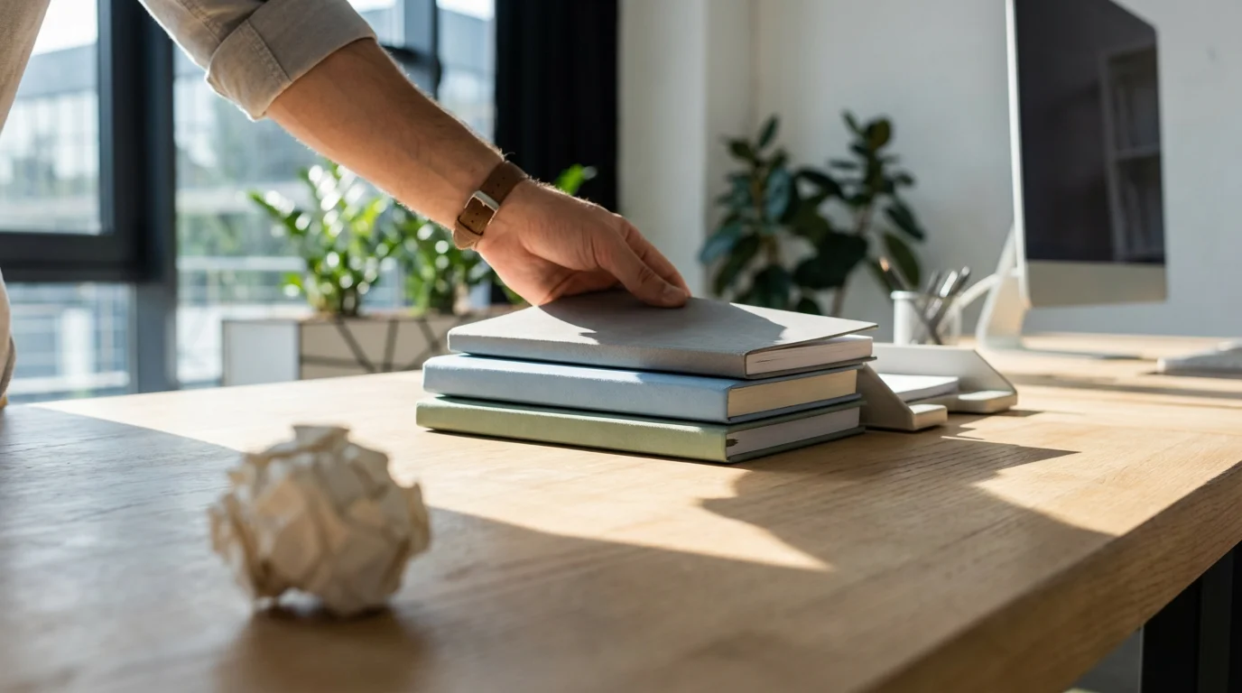 Low angle photograph of a hand intentionally organizing stacked notebooks on a sunlit, modern desk.
