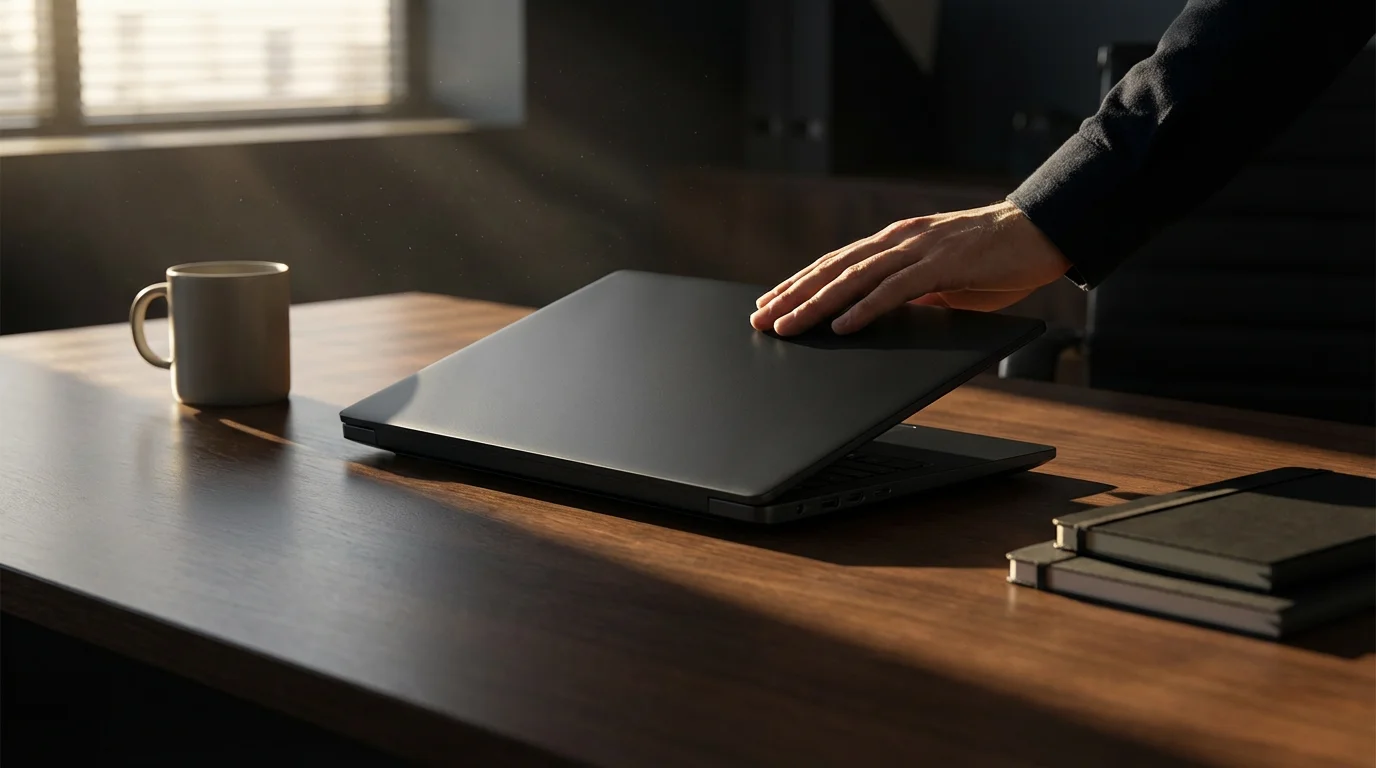 Low angle photograph of a hand resting on a closed laptop on a desk bathed in sharp afternoon shadows.