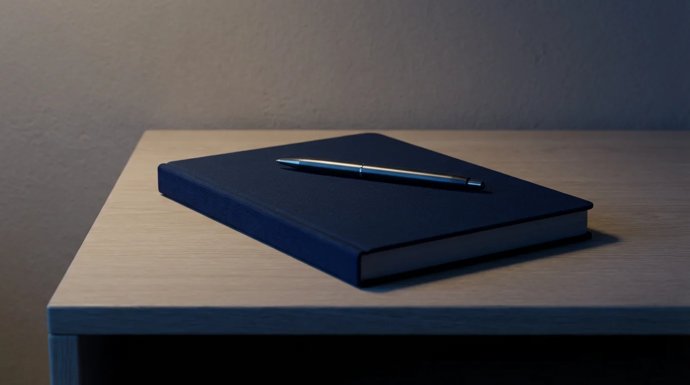 Low angle photograph of a journal and pen prominently displayed on a clean bedside table in cool evening light.