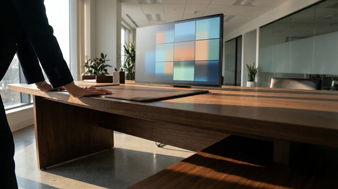 Low angle photograph of a manager resting her arms on her desk next to an overwhelming digital calendar.