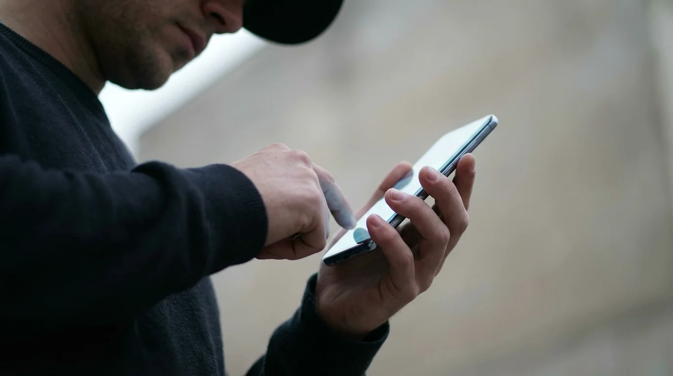 Low angle photograph of a person intensely scrolling on a modern smartphone under bright diffused light.
