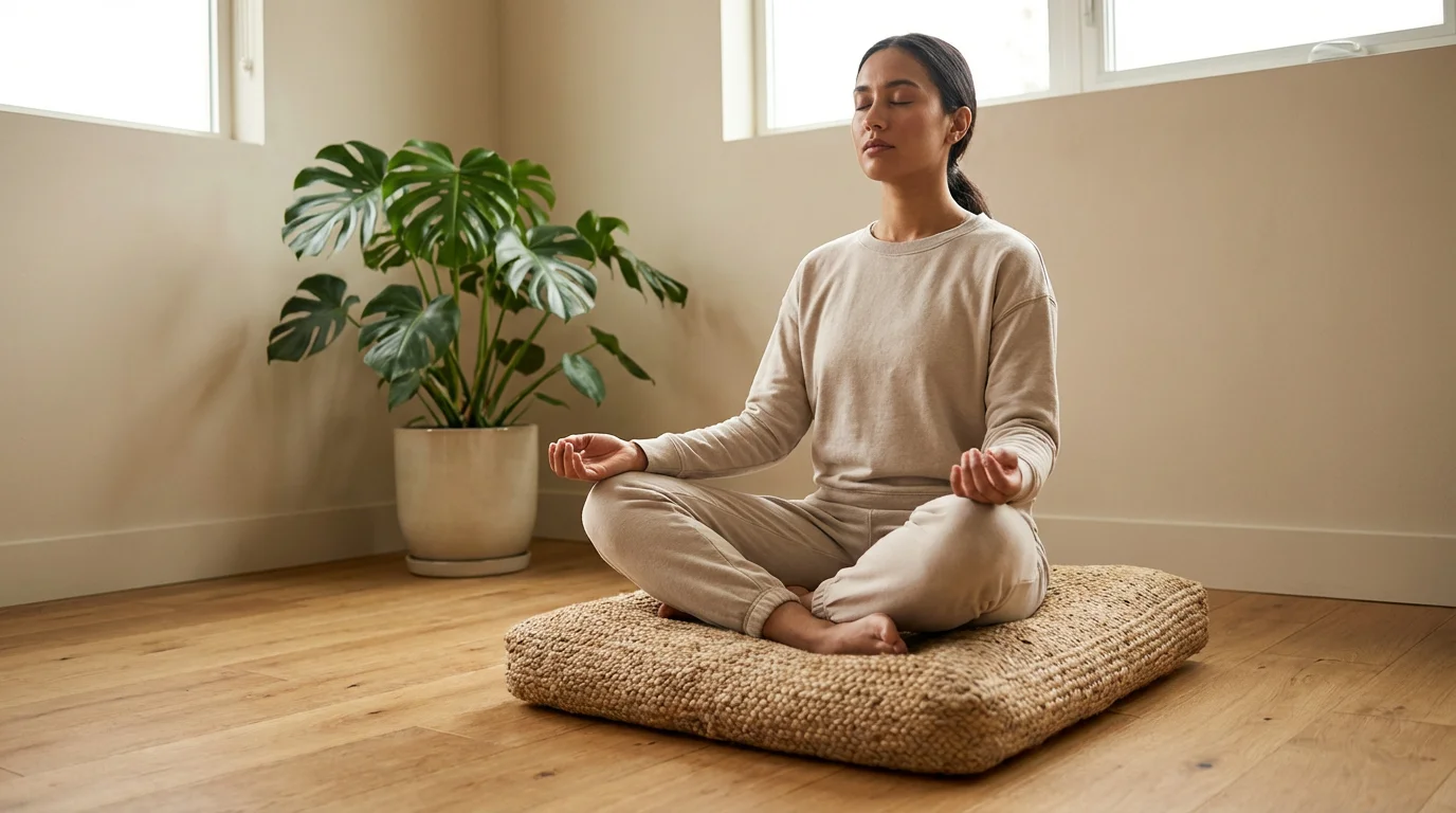 Low angle photograph of a person meditating during their time-blocked morning routine in a clean, sunlit room.